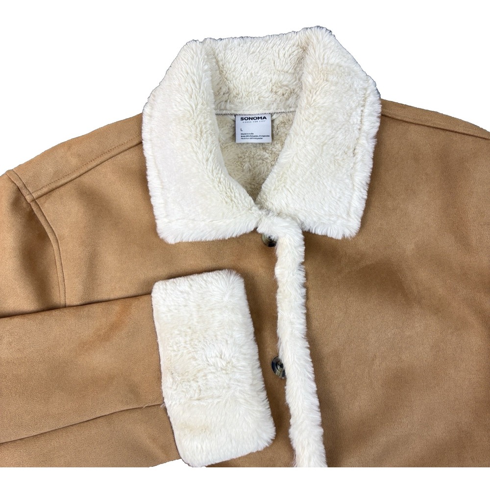Womens Tan Camel Faux Suede Shearling Jacket Cozy Teddy  Trim Winter Coat Size L